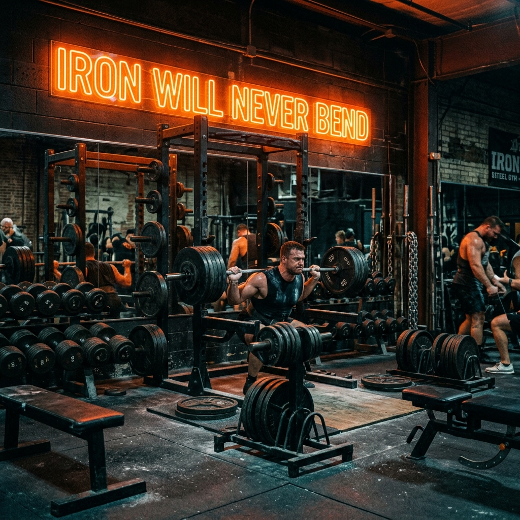 Interior de PROGRESS GYM - Equipamiento y luces cyan